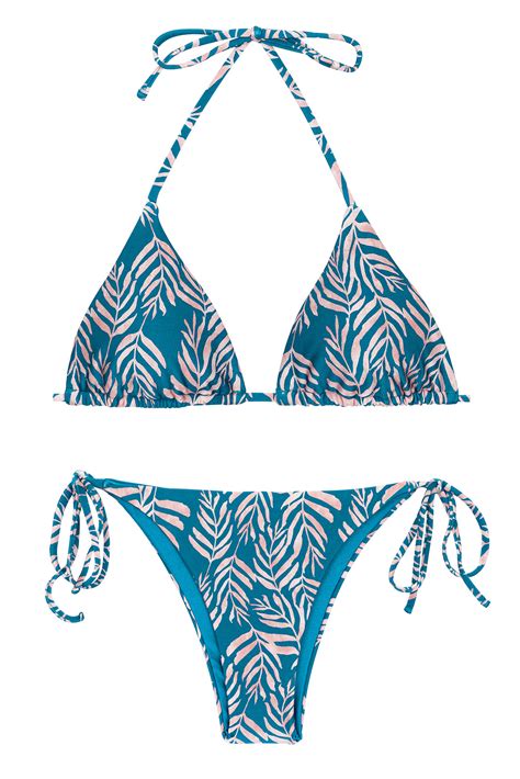 Blue Side Tie Brazilian Bikini With Leaf Pattern Set Palms Blue Tri
