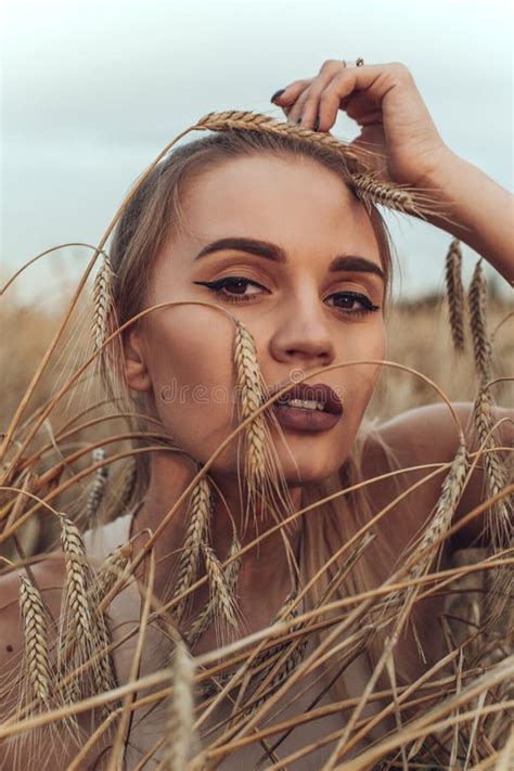 Beautiful Woman In Wheat Field Background Beauty Portrait Photoshoot