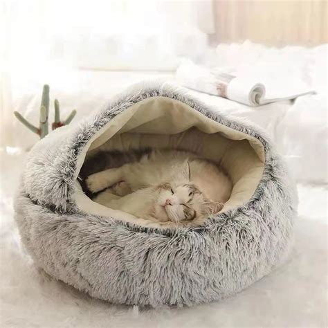 Winter Long Plush Pet Cat Bed Round Cat Cushion Cat House 2 In 1 Warm