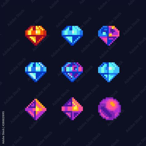 Precious Stone Pixel Art Icons Set Diamond Sapphire And Topaz