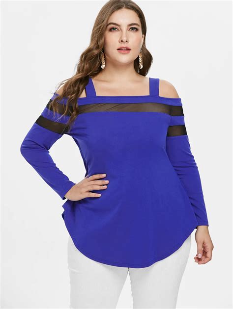 Wipalo Plus Size 5xl Sheer Mesh Panel Patchwork Cold Shoulder T Shirt