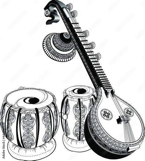 Indian Music Instrument Tabla And Sitar Line Art Drawing Artistic