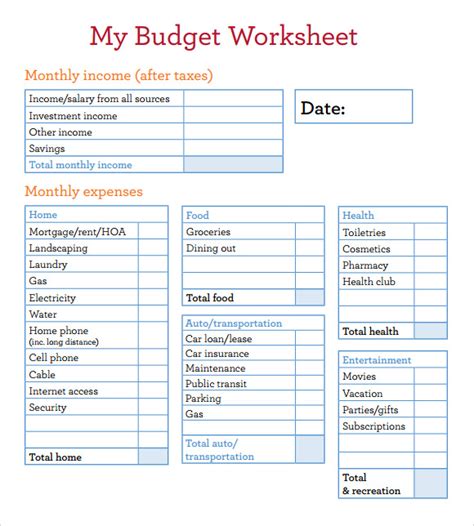 Sample Budget Worksheet Printable