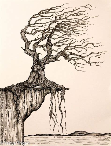 Ink Drawing Aged To Perfection Wind Blown Tree Poised