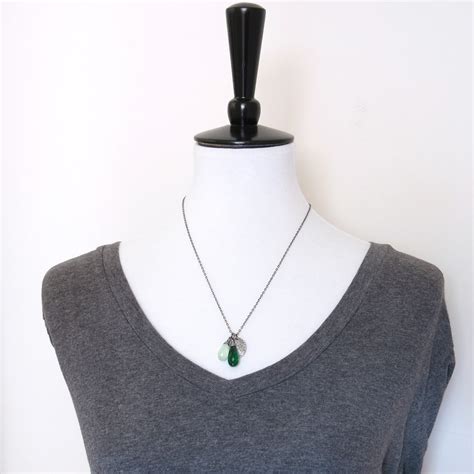 Green Emerald Necklace Charm Necklace Silver Necklace Gemstone Etsy