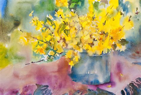 Watercolor Giclee Print Still Life Forsythia Flowers Wall Art Flower