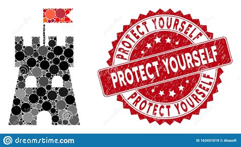Collage Fortress Tower With Grunge Protect Yourself Seal Stock Vector