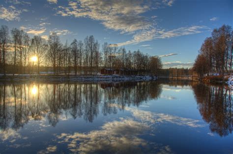 Skellefteå River Reflection Sunset Already At 2 Pm In November By The