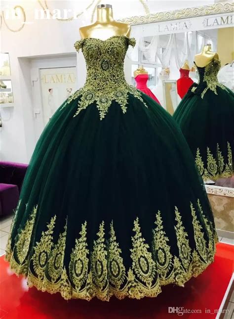 Emerald Green Ball Gown Prom Dresses 2017 Off Shoulder Gold Lace