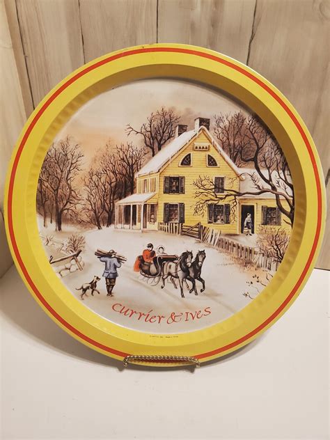 Vintage Currier And Ives Winter Scene Tco Tin Serving Tray Etsy