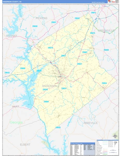 Anderson County Sc Zip Code Wall Map Basic Style By Marketmaps Mapsales