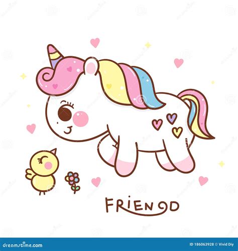 Flat Unicorn Cartoon Pony Child Holding Flower Kawaii Animals