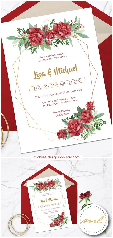 Red Roses Wedding Invitation Editable Digital Download Printable