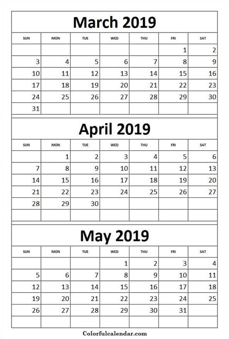 Print Calendar 2019 March April May Print Calendar Kids Calendar