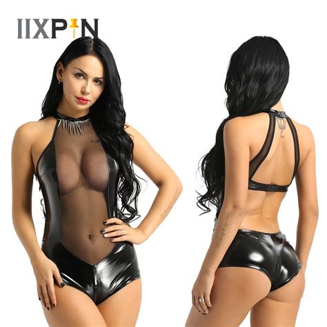 Women Hot Erotic Lingerie Black Latex Catsuit Wetlook Patent Leather Leotard Bodysuit Sexy O