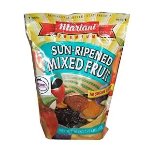 See the nutrition panel for calorie and sugar content. Mariani Sun Ripened Mixed Fruit No Sugar Added Dried Fruit 36 Ounce Value Bag