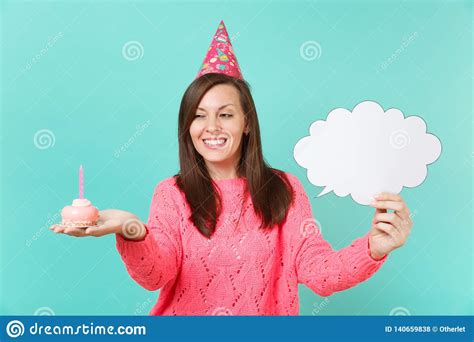 Giving a good presentation takes practice. Beautiful Young Woman In Birthday Hat Holding Cake With Candle, Empty Blank Say Cloud, Speech ...