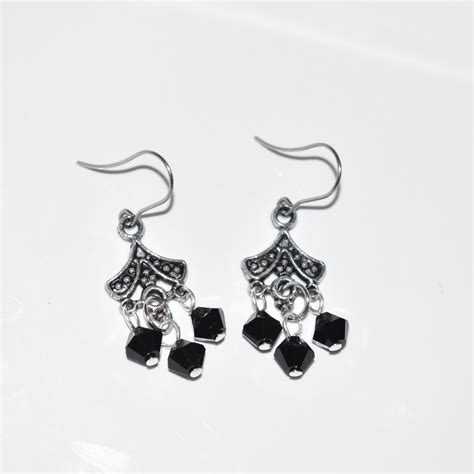 Black Chandelier Earrings Black Crystal Earring Silver Etsy
