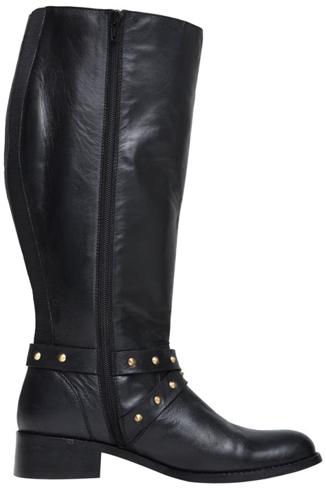 Black Knee High Leather Riding Boot With Stud Buckle Xl Calf Fi Eee Fit