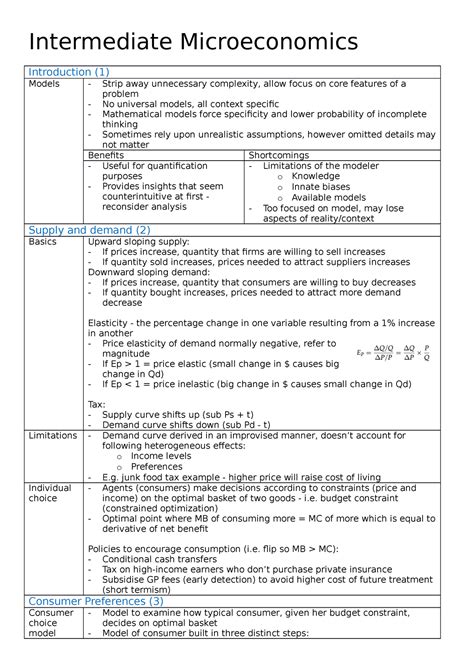 Intermediate Microeconomics Lecture Summary Notes Intermediate