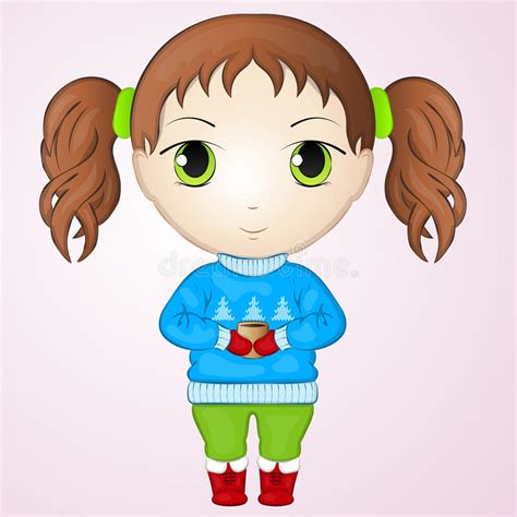 Cute Anime Chibi Little Girl Wearing Sweater And Holding Cup Of Warm