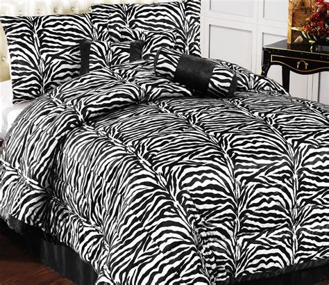 7pc New Safarina Zebra Faux Fur Comforter Set Black White Queen Bed In