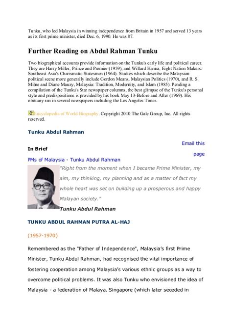 Tunku abdul rahman was the first prime minister of malaysia. Biography of tunku abdul rahman