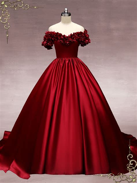 Dark Red Off The Shoulder Ball Gown Wedding Dress With Roses Murina Ieie Bridal