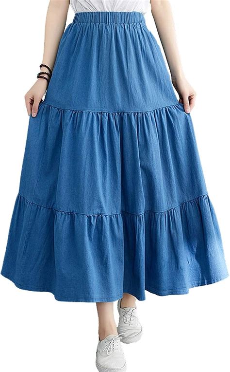 Femiserah Women S Elastic Waist Denim Tiered Skirt Long Prairie Skirts Light Blue One Size