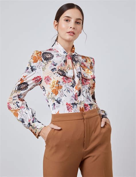 Womens Brown And Cream Floral Fitted Satin Blouse Single Cuff Pussy