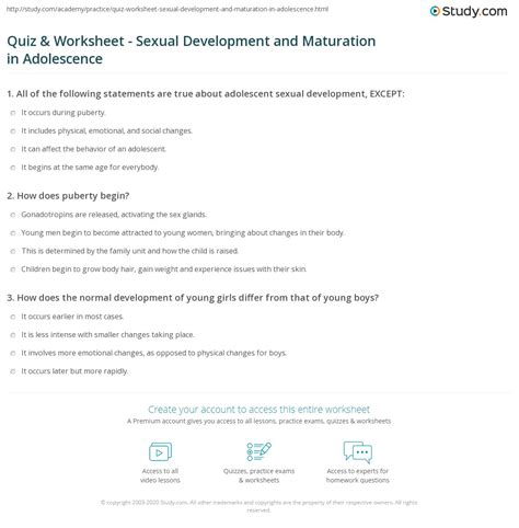 Quiz And Worksheet Sexual Development And Maturation In Adolescence
