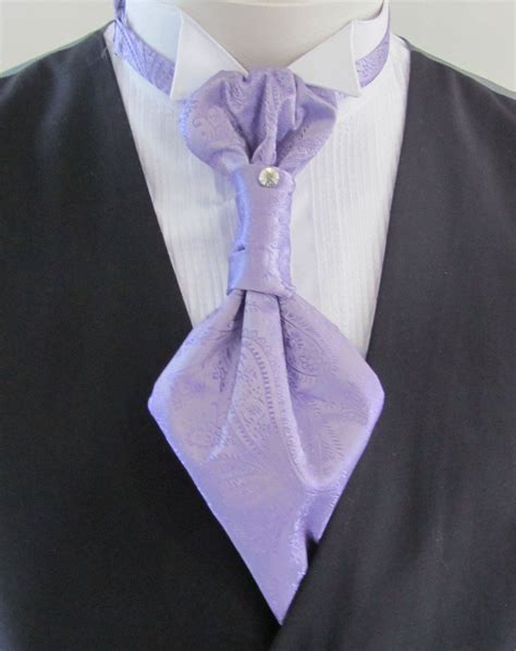 Lavender Purple Paisley Ascot Cravat With Crystal Stick Pin Pre Tied