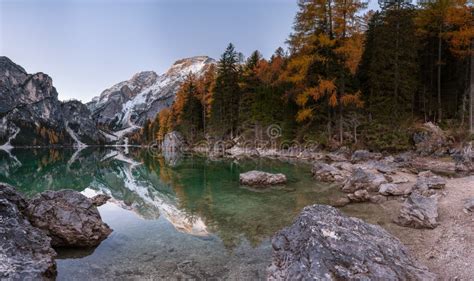 Peak Reflection In Calm Water Lago Di Braies Stock Photo Image Of