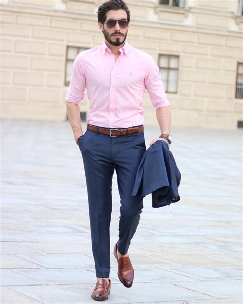 Blue Suit With Pink Shirt And Brown Shoes Blue Shirt Outfit Men Mens