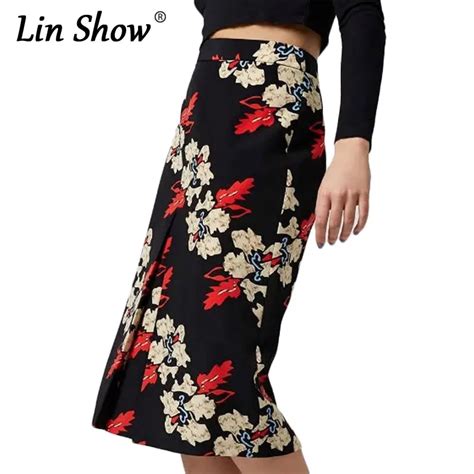 Linshow Floral Print Women Skirts 2016 Summer Elegant Slim Elastic Female Staright Evening Party