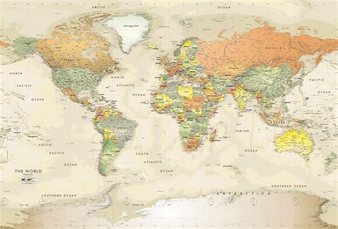 Detailed Antique Oceans World Political Map Mural Map
