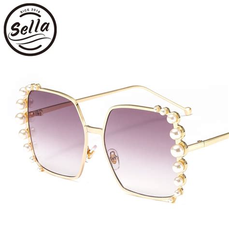 sella fashion women brand designer pearl decoration oversized square sunglasses mirror gradient