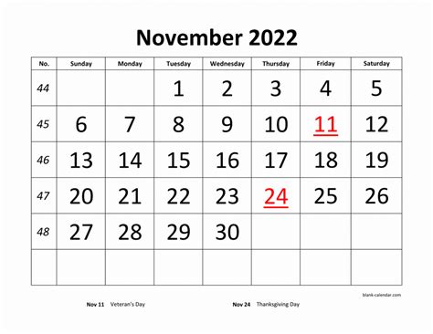 Free Download Printable November 2022 Calendar Large Font Design