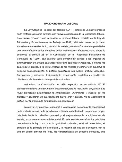 Juicio Ordinario Laboral Ley Procesal Derecho Laboral