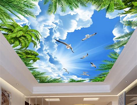 Custom 3d Ceiling Coconut Tree Blue Sky Ceiling Murals Wallpaper 3d