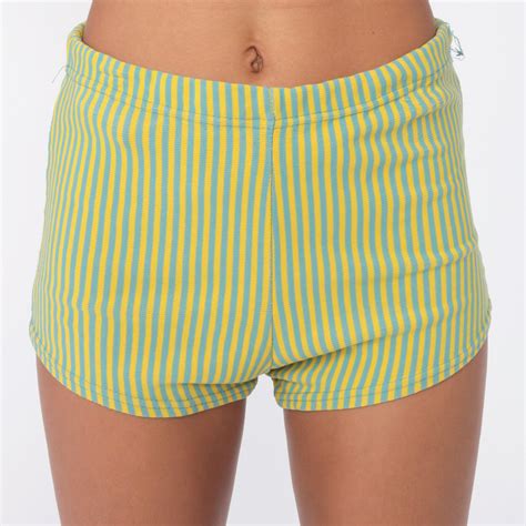 Bikini Bottoms Swim Shorts 70s Yellow Hot Pants Stripe High Waisted