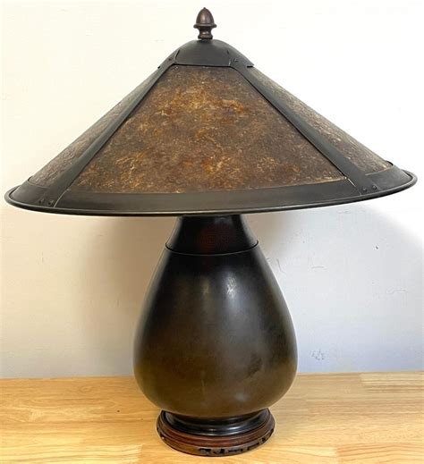 Vintage Arts And Crafts Bronze And Mica Shade Lamp Style Of Dirk Van