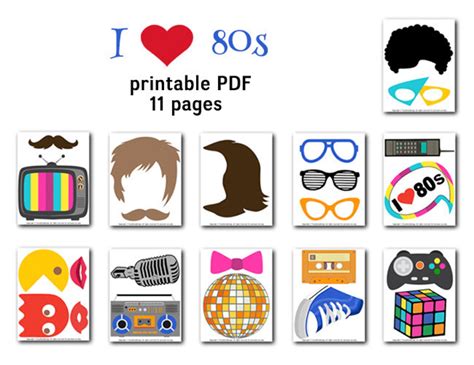 printable 1980s party photobooth props 80 s photo booth etsy