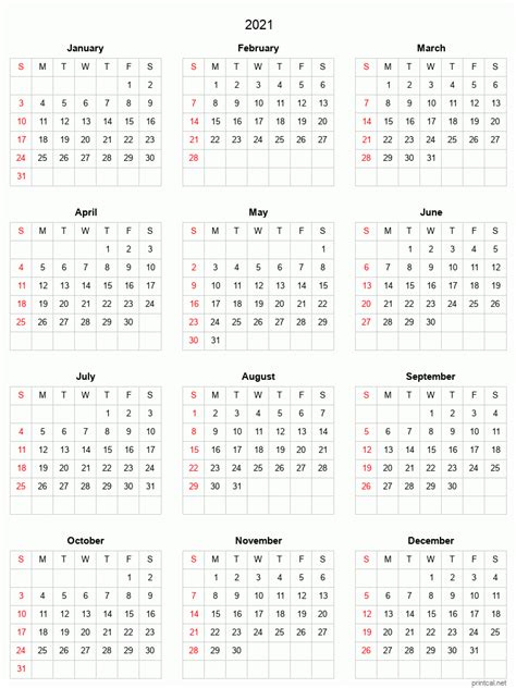 Portrait) on one page in easy to print pdf format. Printable Yearly Calendar 2021, Full-year | Free Printable ...