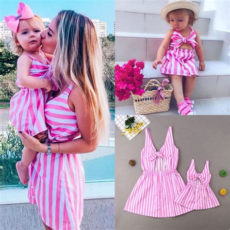 Mother And Daughter Cute Pink And White Stripe Matching Dresses Blu