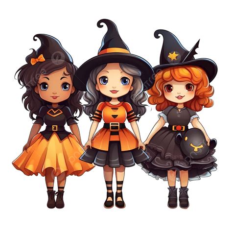 Cute Girls In Fancy Dress For Halloween A Girl In A Witch Costume And A Girl In A Demon Costume