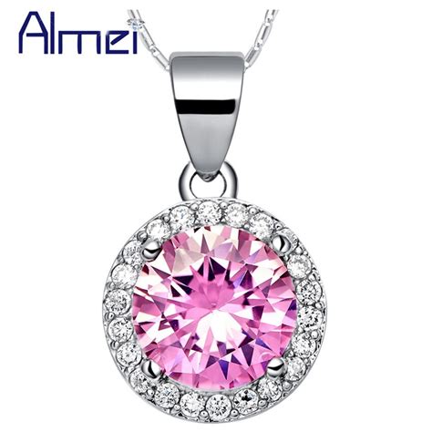 Round Pink Necklaces Women With Chain Silver Zircon Pcs Of Cz