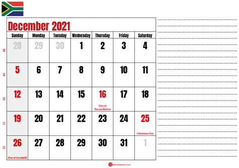 Download Free December 2021 Calendar South Africa