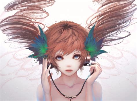 Wallpaper Anime Girl Semi Realistic Headphones Feathers