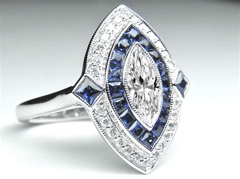 Engagement Ring Marquise Diamond Art Deco Engagement Ring With Blue